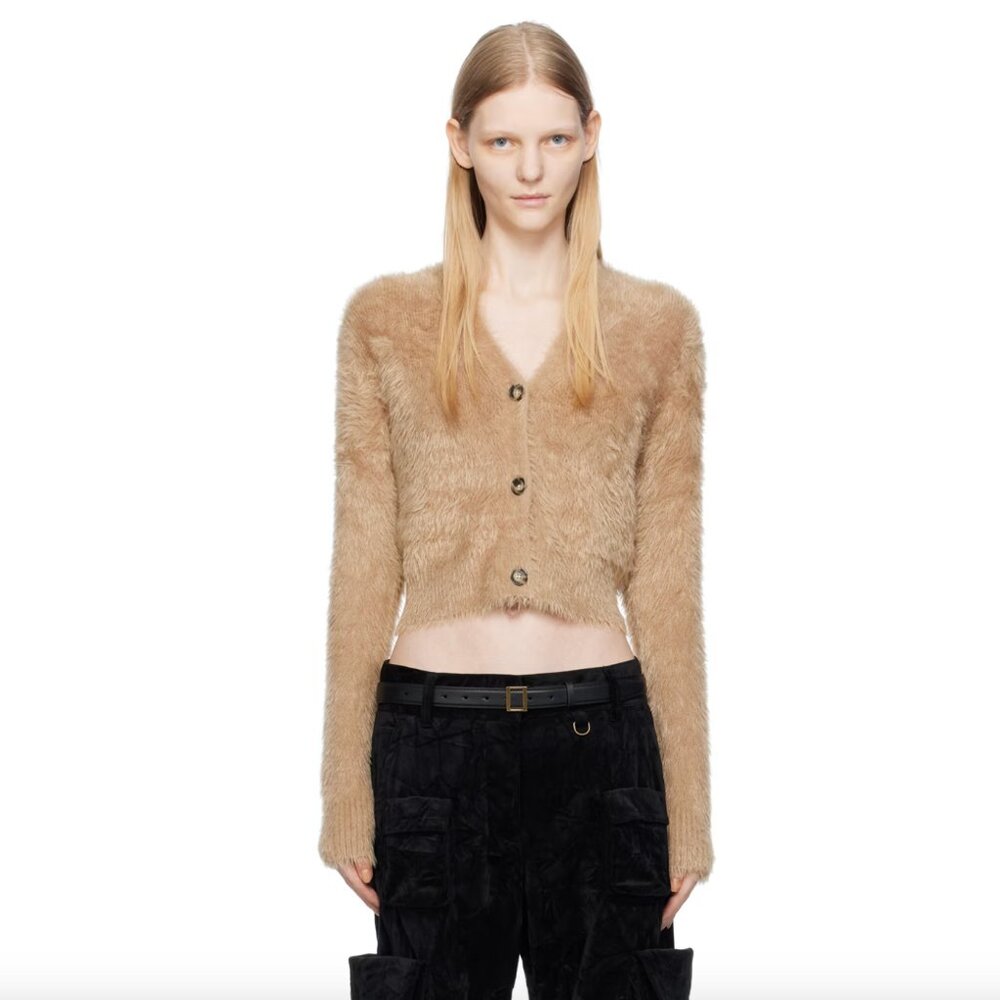 New Ronny Kobo Cream Brown Rhinestone Fuzzy Knit Cardigan Sweater